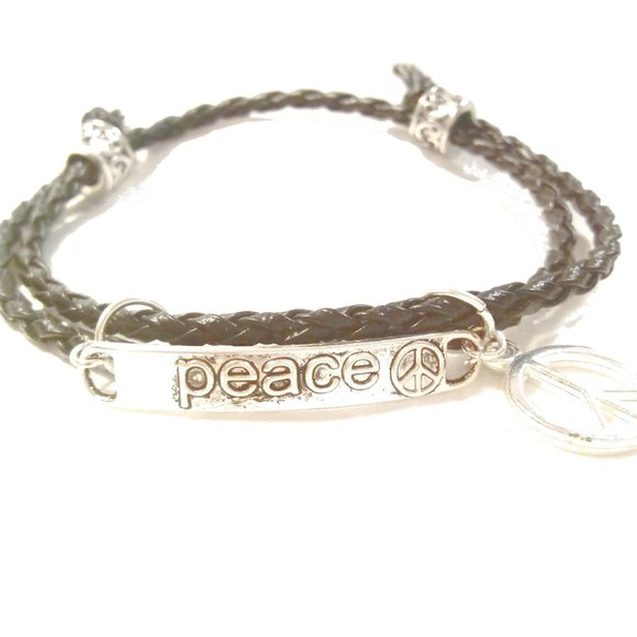 Peace Sign Black Leather Wrap Bracelet - Picture 7 of 8